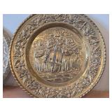 Lot of (2) Vintage Decorative Plates - Brass Embossed Wall Plate Featuring Musicians, Asian Style Brass Plate with Animal Motif