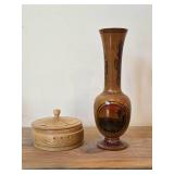 Lot of (2) Vintage Items - 10" Hand-Turned Wooden Vase, 5"x3" Handcrafted Wood Lidded Trinket Box (Norway)
