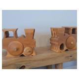 Lot of (2) Handcrafted Solid Wood Toy Train Locomotive with Trinket Storage - One with P, One with H