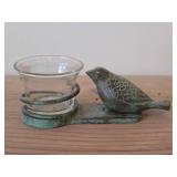 Bronze Bird theme Votive Statue with Aged Green Patina Finish + Glass Votive Candleholder