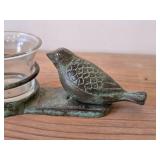 Bronze Bird theme Votive Statue with Aged Green Patina Finish + Glass Votive Candleholder