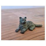 Hand-finished Lying Kitten Bronze Statue with Aged Green Patina Finish