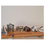 Set of 6 Ceramic Tea Light Houses / Structures by Rice - Ski Jump, Iola Mills, Hobbies Store, Iola Winter Sports Club, Church, House - Each Piece Signed and Authenticated on Bottom