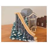 Set of 6 Ceramic Tea Light Houses / Structures by Rice - Ski Jump, Iola Mills, Hobbies Store, Iola Winter Sports Club, Church, House - Each Piece Signed and Authenticated on Bottom