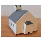 Set of 6 Ceramic Tea Light Houses / Structures by Rice - Ski Jump, Iola Mills, Hobbies Store, Iola Winter Sports Club, Church, House - Each Piece Signed and Authenticated on Bottom