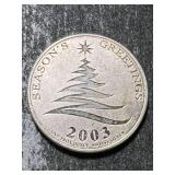 1 TROY OZ .999 FINE SILVER 2003 SEASONS GREETINGS ROUND