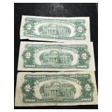 3 US RED SEAL $2 BILLS