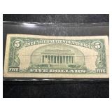 1934D US BLUE SEAL $5 SILVER CERTIFICATE