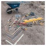 Wheelbarrow lot of assorted tools