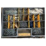 Bin w/hose clamps, 21-piece drum sanding kit, nuts, bolts, screws, etc…