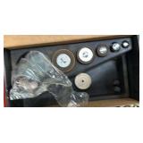 Bin w/hose clamps, 21-piece drum sanding kit, nuts, bolts, screws, etc…
