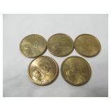 Five 2000P Sacagawea Dollar Coins