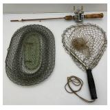Misc. Vintage Fishing Items Including Live Basket, Small landing Net And More