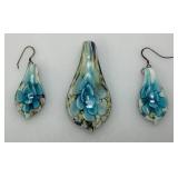 Murano Style Hand Blown Glass Flower Pendamt And Earrings