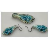 Murano Style Hand Blown Glass Flower Pendamt And Earrings