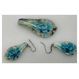 Murano Style Hand Blown Glass Flower Pendamt And Earrings