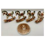Misc. Miniature Hand-Painted Pocelain Rocking Horses Made In The Philippines 3 1/4" x 3 1/4" And Hand Painted Porcelain Lion Plaque 3" x 3 3/4"