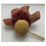 Antique Victorian Era Chalkware Doll Head Pin Cushion 8"