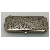 Vintage DOUCETTE Silvertone Art Deco Style Small Hinged Tin/Trinket Box 1" x 2 1/2"