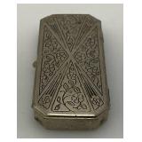 Vintage DOUCETTE Silvertone Art Deco Style Small Hinged Tin/Trinket Box 1" x 2 1/2"