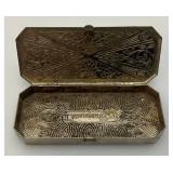 Vintage DOUCETTE Silvertone Art Deco Style Small Hinged Tin/Trinket Box 1" x 2 1/2"