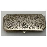 Vintage DOUCETTE Silvertone Art Deco Style Small Hinged Tin/Trinket Box 1" x 2 1/2"