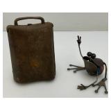 Miniature Metal Frog Scuplture 3" And Cow Bell 5"