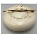 Vintage Hand Signed Oriental Style Pottery Dish With Lid And Bamboo Handle Accents 5" x 9 1/2"