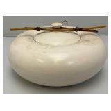 Vintage Hand Signed Oriental Style Pottery Dish With Lid And Bamboo Handle Accents 5" x 9 1/2"