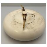 Vintage Hand Signed Oriental Style Pottery Dish With Lid And Bamboo Handle Accents 5" x 9 1/2"