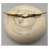 Vintage Hand Signed Oriental Style Pottery Dish With Lid And Bamboo Handle Accents 5" x 9 1/2"