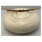 Vintage Hand Signed Oriental Style Pottery Dish With Lid And Bamboo Handle Accents 5" x 9 1/2"