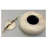 Vintage Hand Signed Oriental Style Pottery Dish With Lid And Bamboo Handle Accents 5" x 9 1/2"