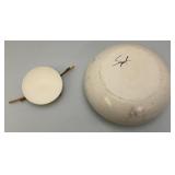 Vintage Hand Signed Oriental Style Pottery Dish With Lid And Bamboo Handle Accents 5" x 9 1/2"