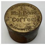 Vintage J.F. Humphreys & Co. Wish Bone Brand Coffee  Bloomington Ills. Coffee Tin With Lid 4" x 5 3/8"