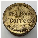 Vintage J.F. Humphreys & Co. Wish Bone Brand Coffee  Bloomington Ills. Coffee Tin With Lid 4" x 5 3/8"