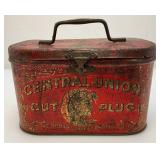 Vintage Central Union Cut Plug Tobacco Lunch Pail Style Tin 4 1/4" x 4 1/2" x 7"