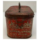 Vintage Central Union Cut Plug Tobacco Lunch Pail Style Tin 4 1/4" x 4 1/2" x 7"