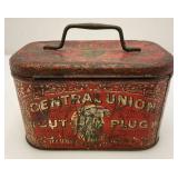 Vintage Central Union Cut Plug Tobacco Lunch Pail Style Tin 4 1/4" x 4 1/2" x 7"
