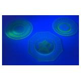 Misc. Vintage Green Vaseline Uranium Glass Plates 1=6" Round, 1= 6 1/4" Round And 1= 7" Octagon (Glows Under UV Light)
