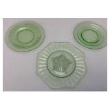 Misc. Vintage Green Vaseline Uranium Glass Plates 1=6" Round, 1= 6 1/4" Round And 1= 7" Octagon (Glows Under UV Light)