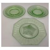Misc. Vintage Green Vaseline Uranium Glass Plates 1=6" Round, 1= 6 1/4" Round And 1= 7" Octagon (Glows Under UV Light)