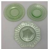 Misc. Vintage Green Vaseline Uranium Glass Plates 1=6" Round, 1= 6 1/4" Round And 1= 7" Octagon (Glows Under UV Light)