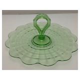Vintage Anchor Hocking Block Green Depression Glass Center handle Serving /Sandwich Plate 11" (Lightly Glows Under UV light)