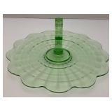 Vintage Anchor Hocking Block Green Depression Glass Center handle Serving /Sandwich Plate 11" (Lightly Glows Under UV light)