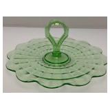 Vintage Anchor Hocking Block Green Depression Glass Center handle Serving /Sandwich Plate 11" (Lightly Glows Under UV light)