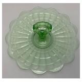 Vintage Anchor Hocking Block Green Depression Glass Center handle Serving /Sandwich Plate 11" (Lightly Glows Under UV light)