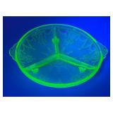 Vintage Anchor Hocking Cameo Ballerina Divided Green Depression Glass Uranium Bowl 7 1/2" (Glows Under UV light) Small Chip On Edge