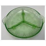 Vintage Anchor Hocking Cameo Ballerina Divided Green Depression Glass Uranium Bowl 7 1/2" (Glows Under UV light) Small Chip On Edge