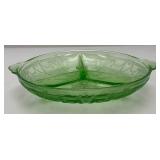 Vintage Anchor Hocking Cameo Ballerina Divided Green Depression Glass Uranium Bowl 7 1/2" (Glows Under UV light) Small Chip On Edge
